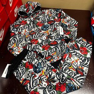 Reason Mens Multicolor Hustler Flower Skull Hoodie And Pant Sweat Tracksuit Med